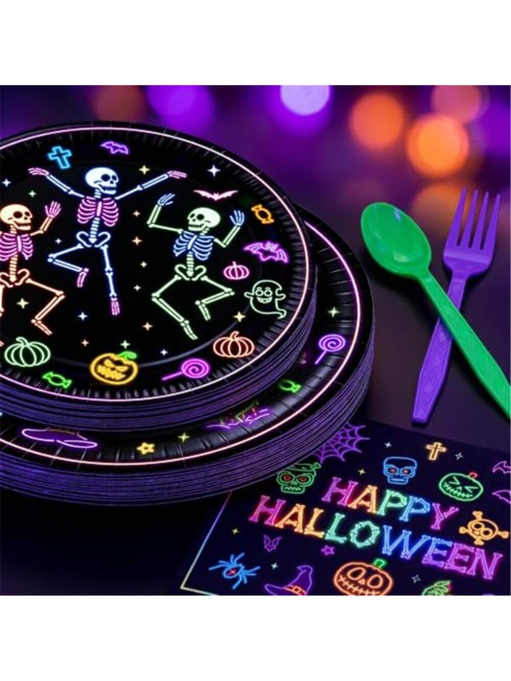 168pcs Halloween Plates Napkins Party Supplies Neon Black Party Decorations | - Picture 5 of 7